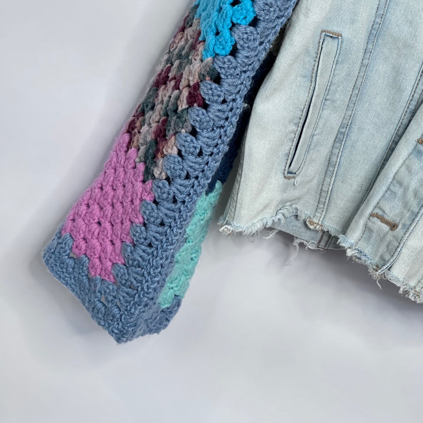 fun block crochet meets distressed rag bottom denim