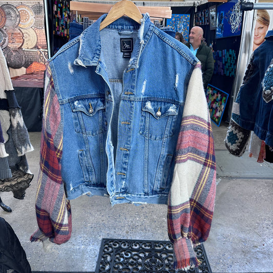 tattered slouchy comfort denim + plaid blouse bell jacket