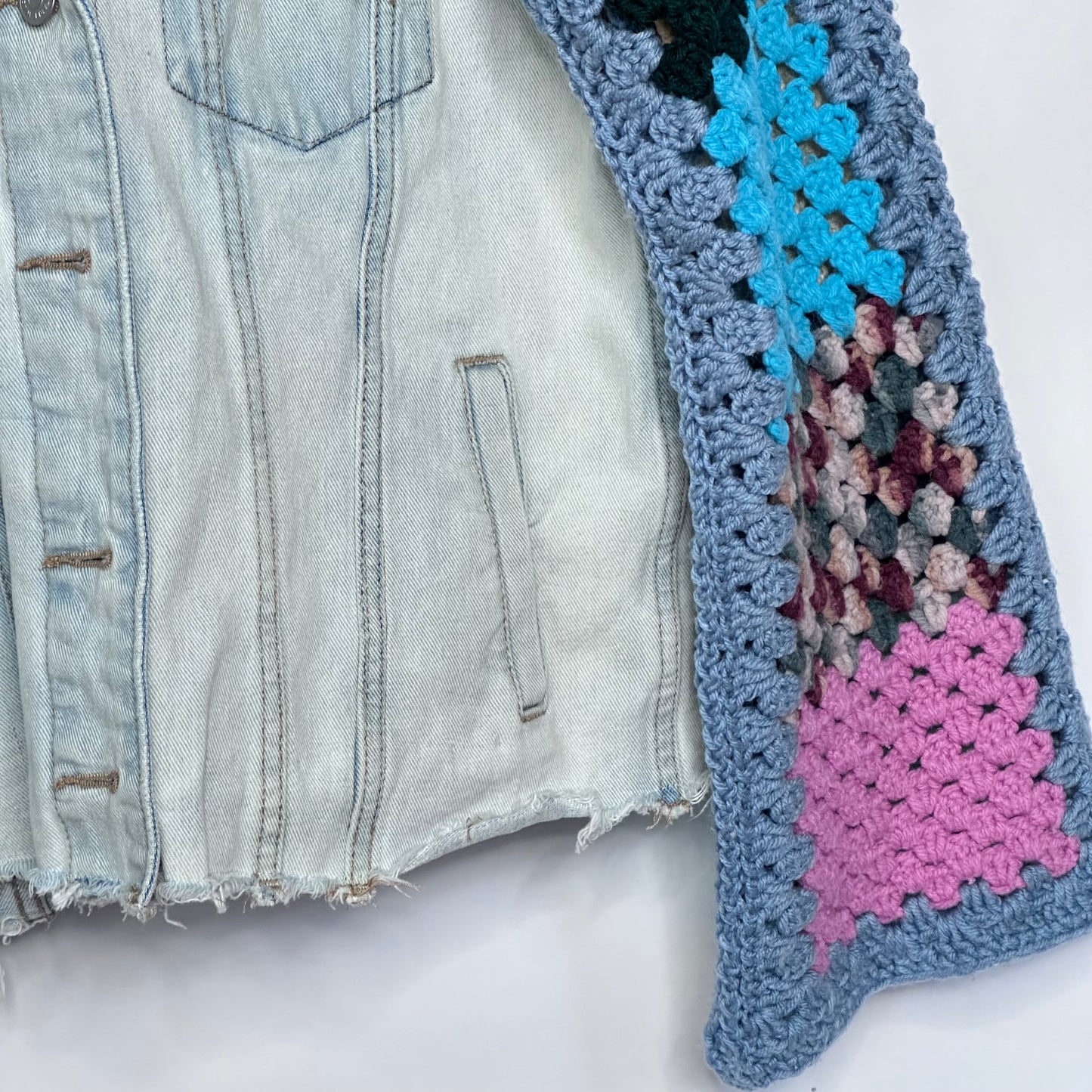 fun block crochet meets distressed rag bottom denim