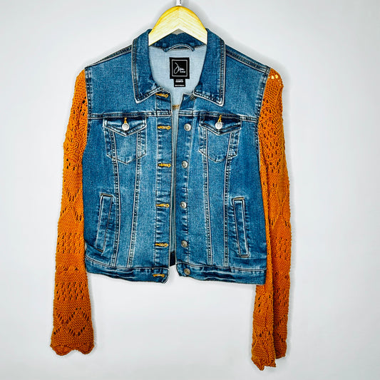 classic blue stretch demin + pumpkin open knit jacket