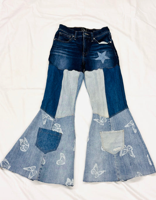 mid-rise blue butterfly patchwork bell bottoms