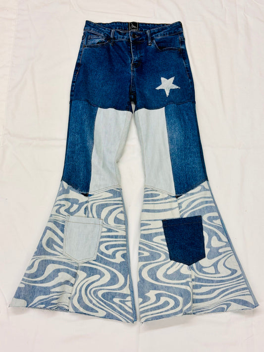 classic high waisted blue + swirl blocked bell bottom jeans