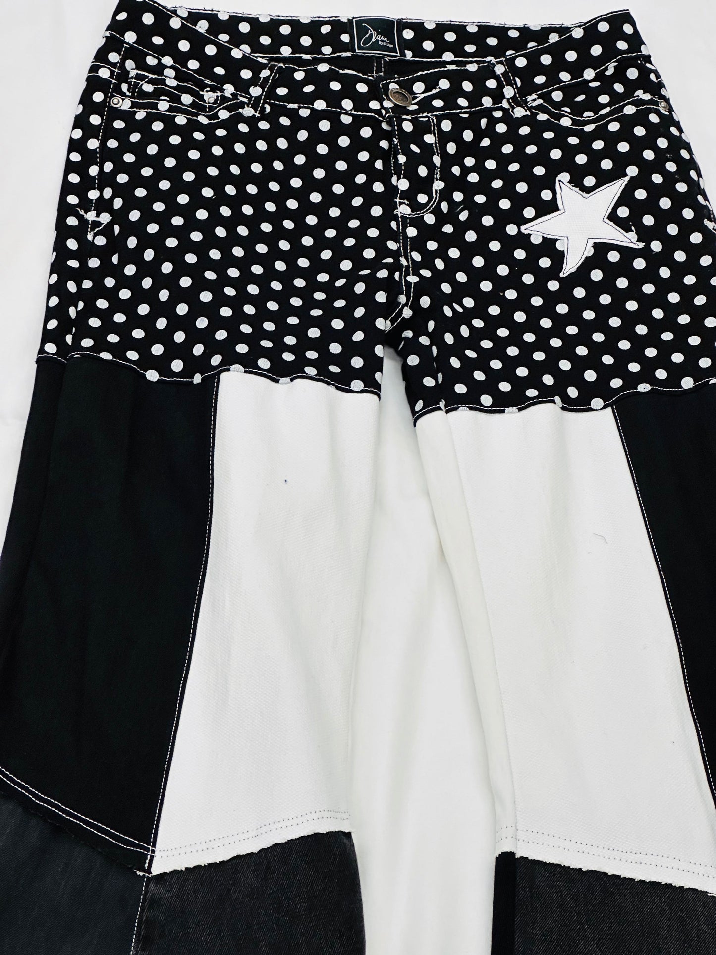 black. white. polka dot. funky bell bottom jeans