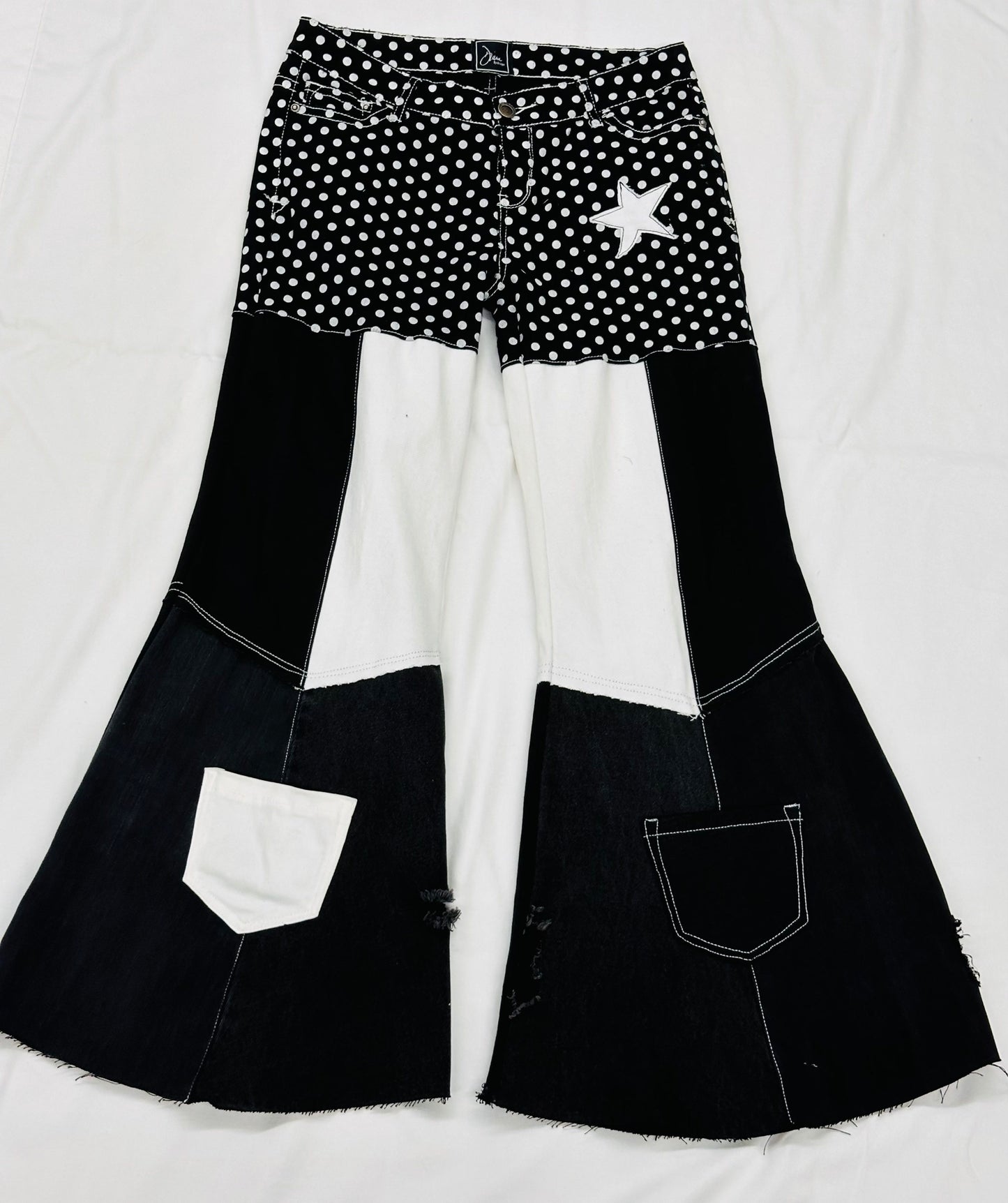 black. white. polka dot. funky bell bottom jeans