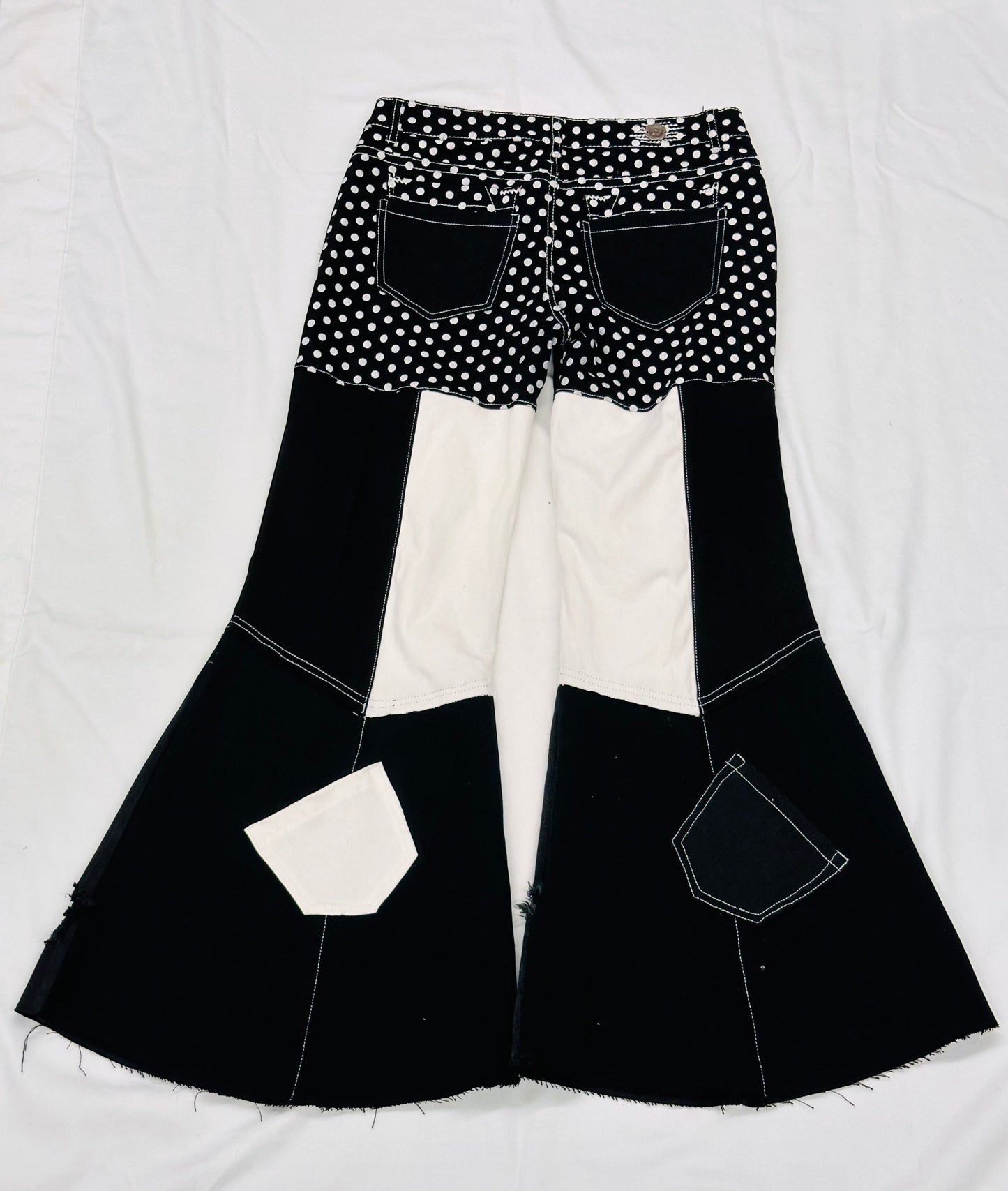 black. white. polka dot. funky bell bottom jeans