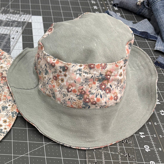 floral + gray denim reversible bucket hat