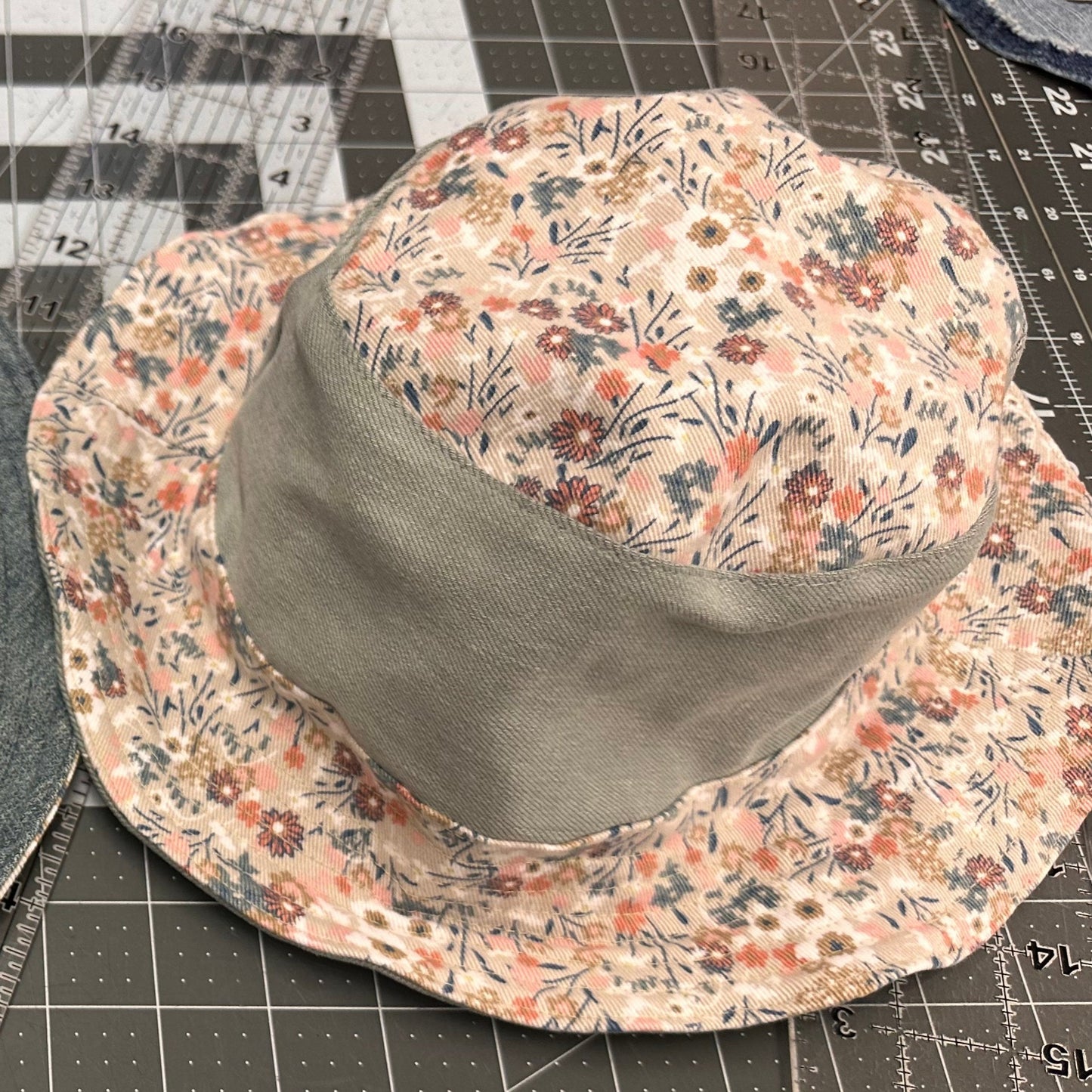 floral + gray denim reversible bucket hat