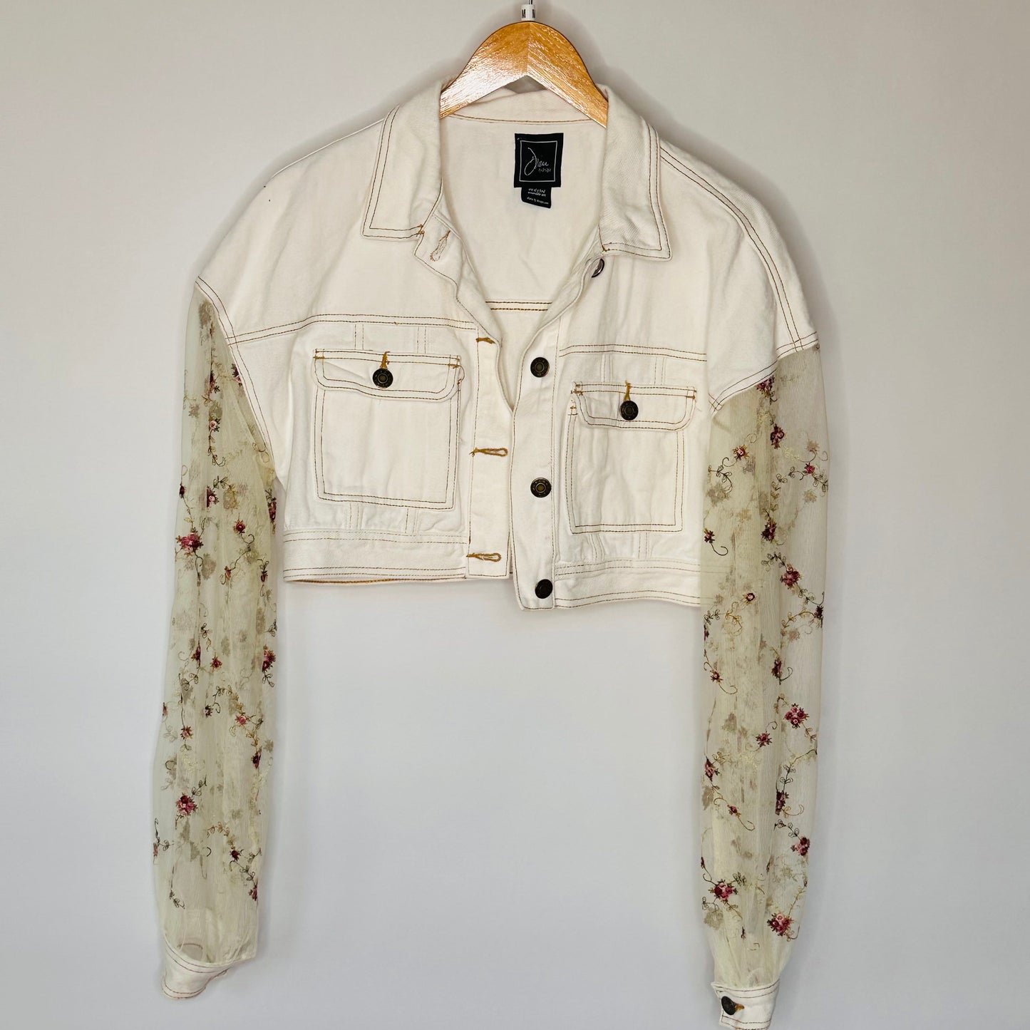 boxy cropped off white denim with floral sheer fun