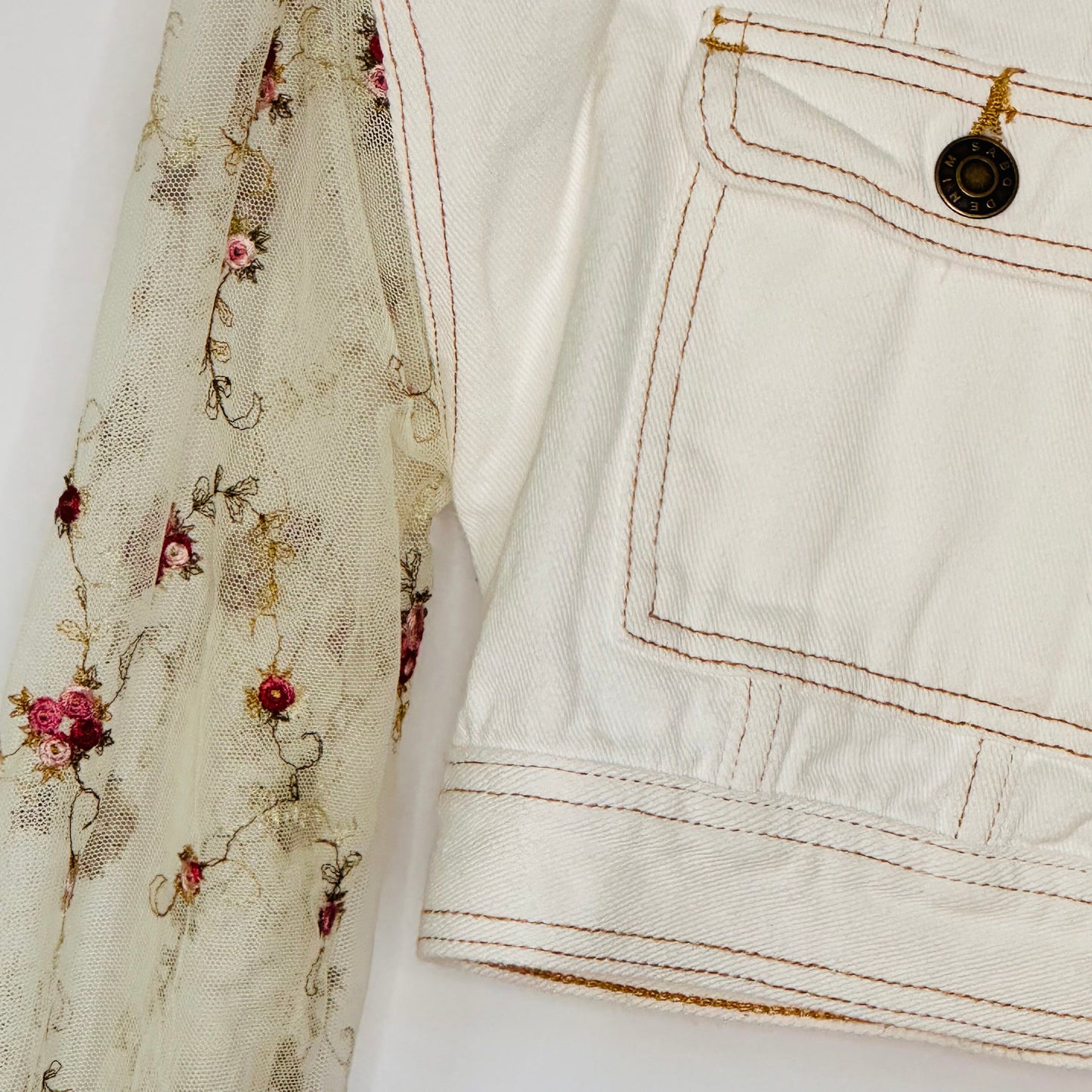 boxy cropped off white denim with floral sheer fun