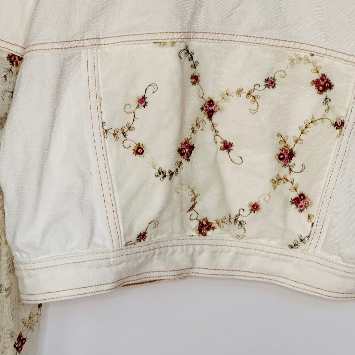 boxy cropped off white denim with floral sheer fun