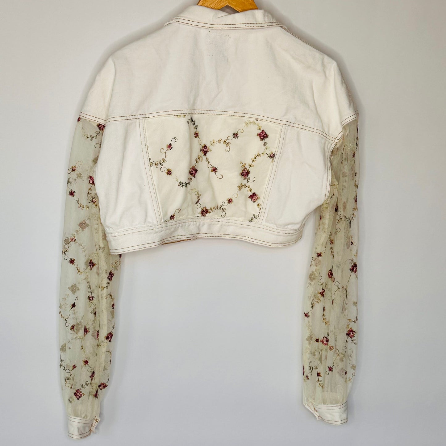 boxy cropped off white denim with floral sheer fun