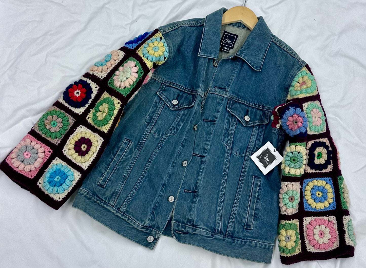 long straight denim jacket + 3D floral crochet