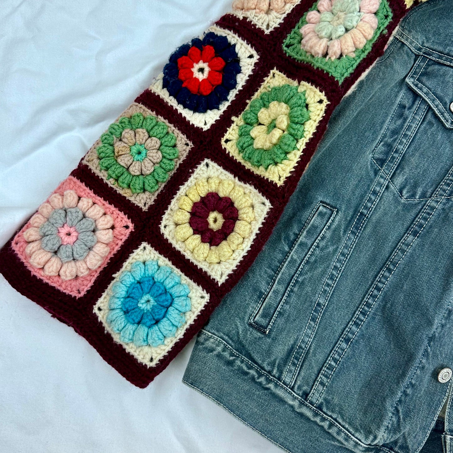 long straight denim jacket + 3D floral crochet