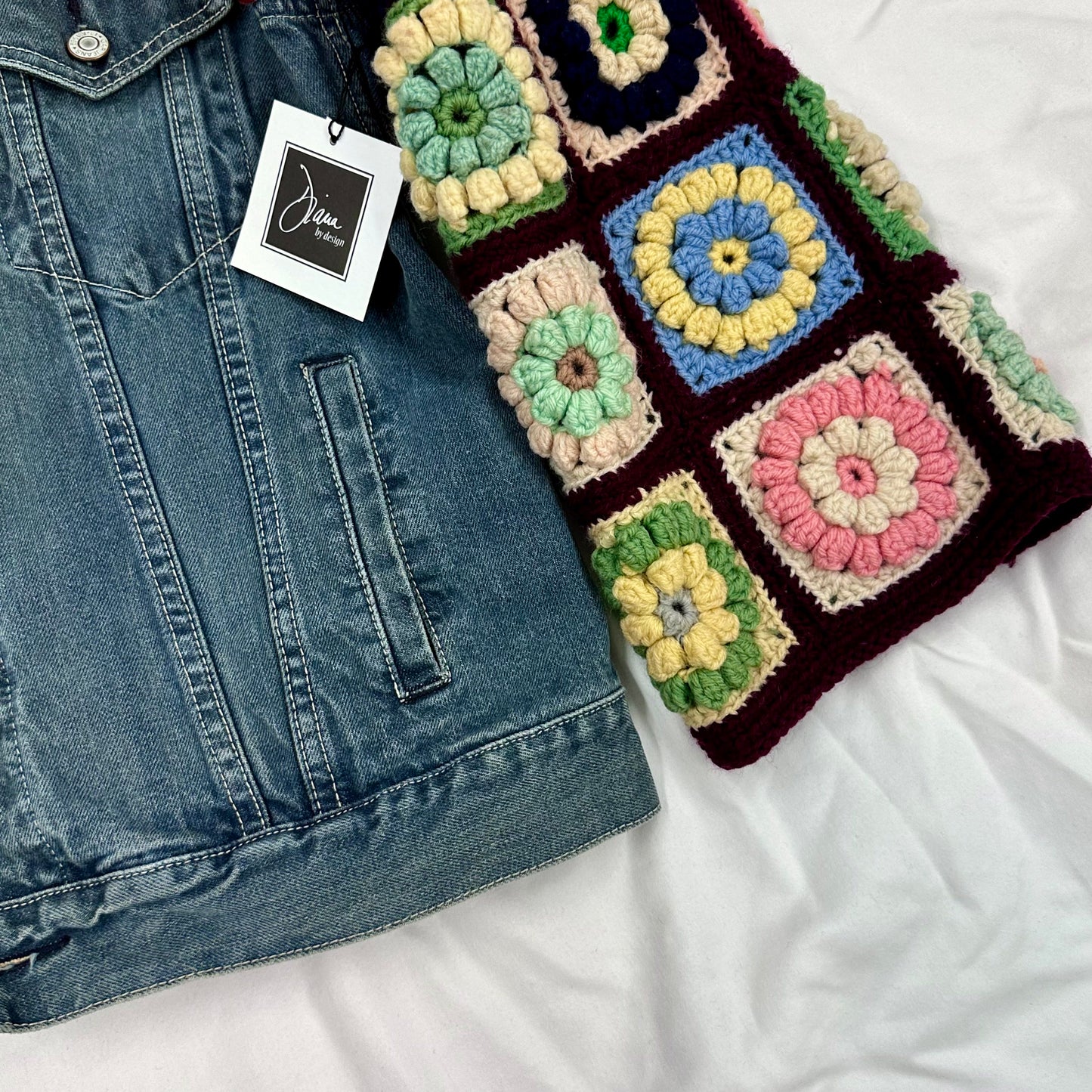 long straight denim jacket + 3D floral crochet