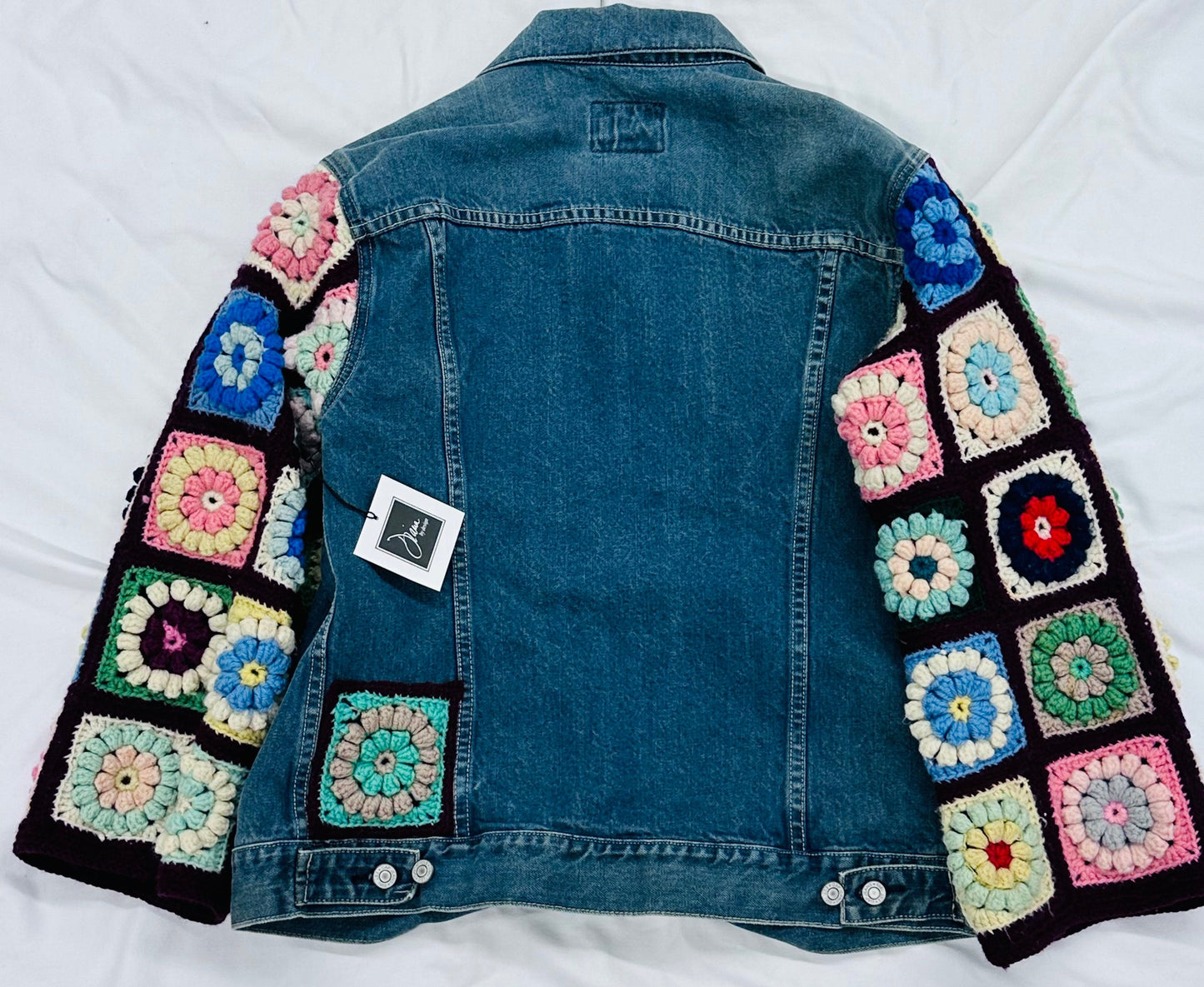 long straight denim jacket + 3D floral crochet