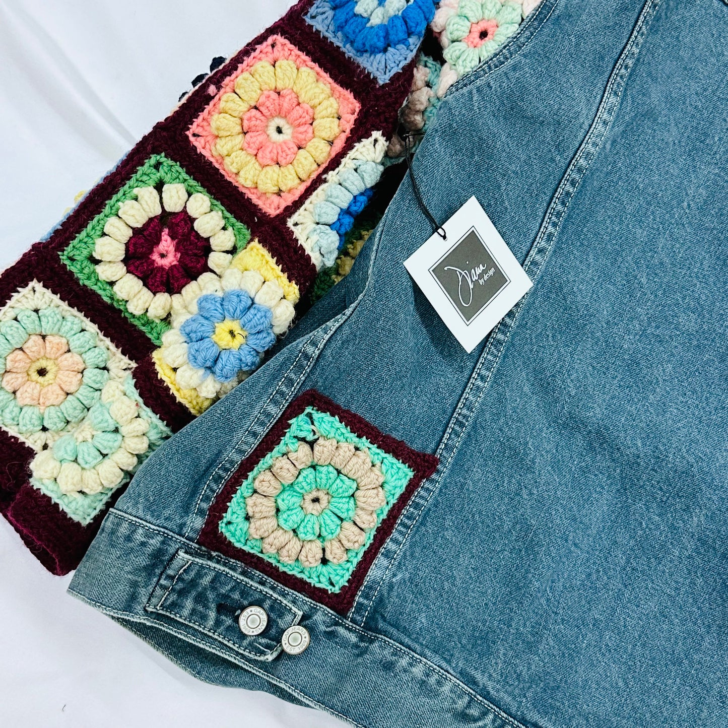 long straight denim jacket + 3D floral crochet