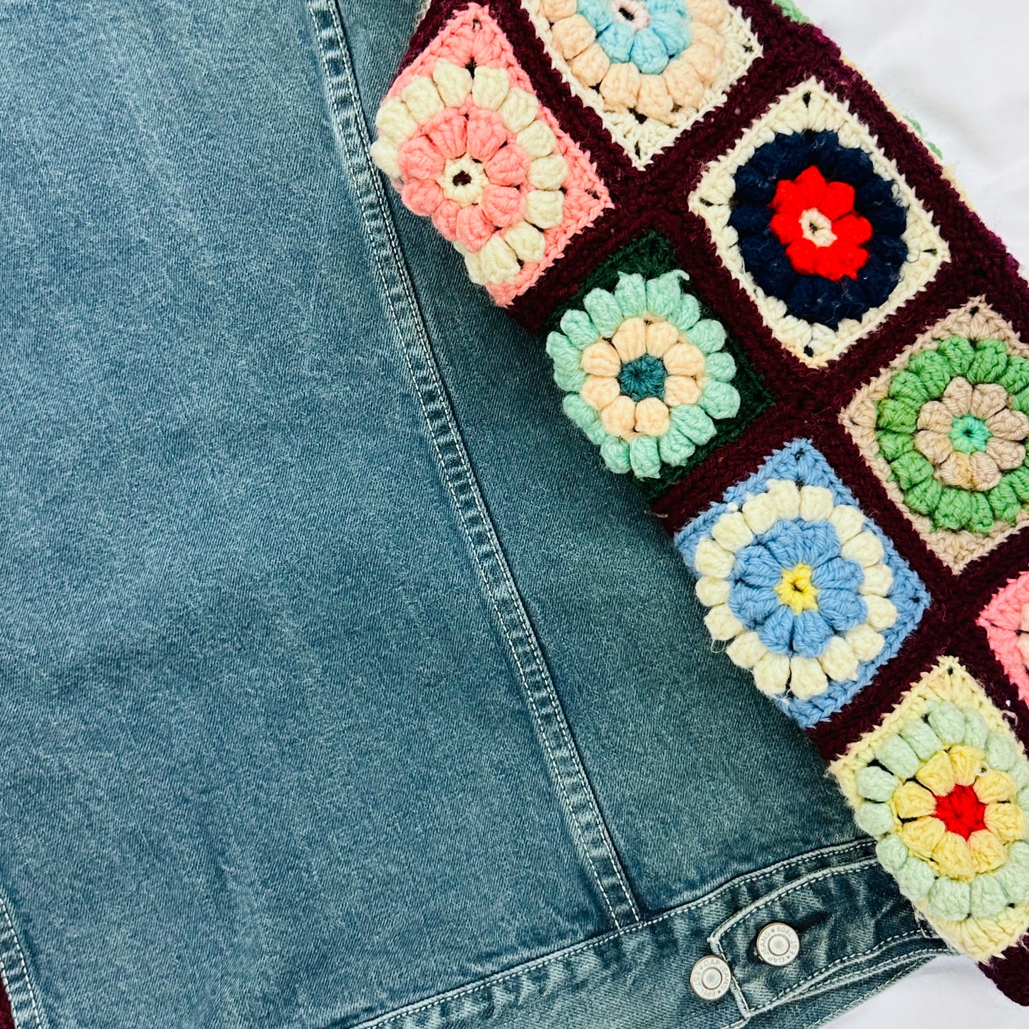 long straight denim jacket + 3D floral crochet