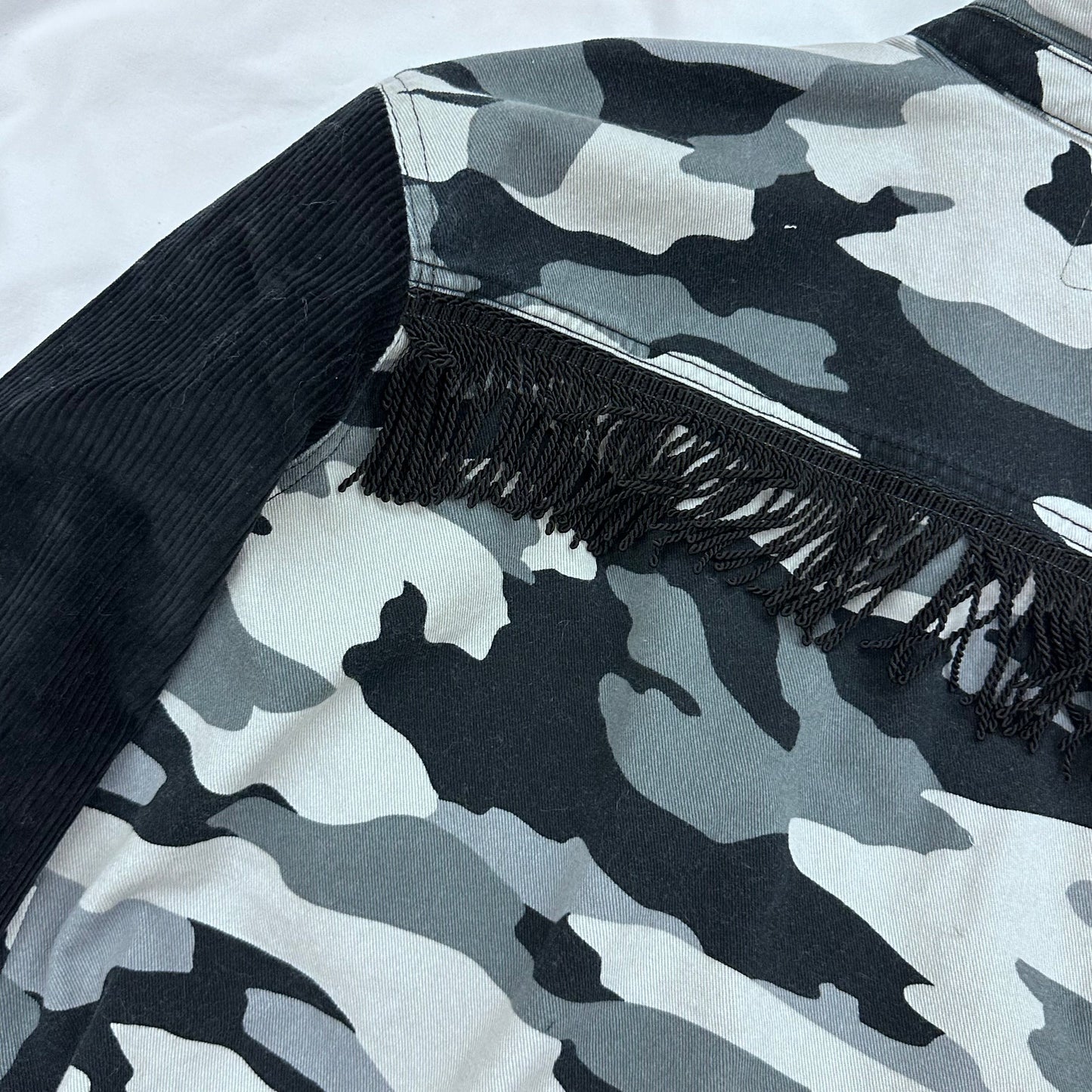 funky black camo denim, wide whale corduroy + fringed boxy boyfriend