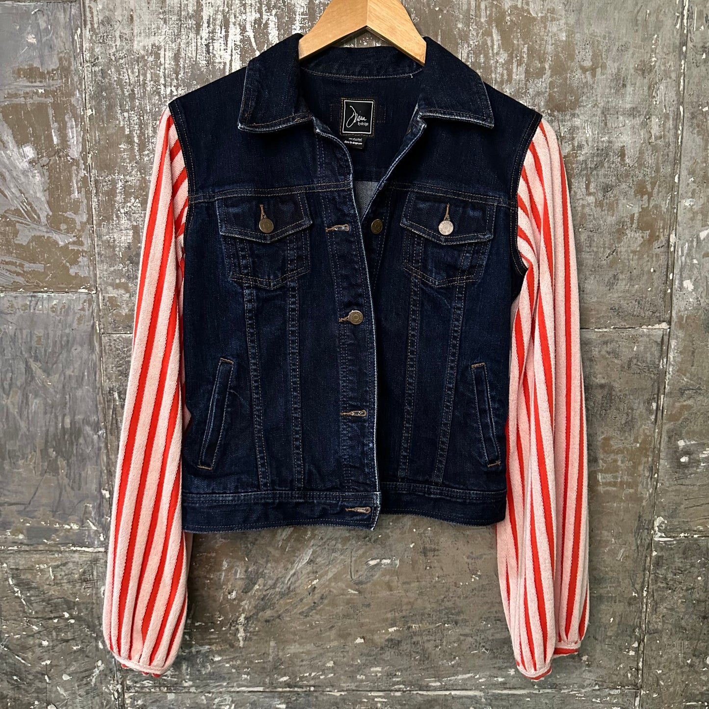 creamsicle stripe sleeved dark denim jacket