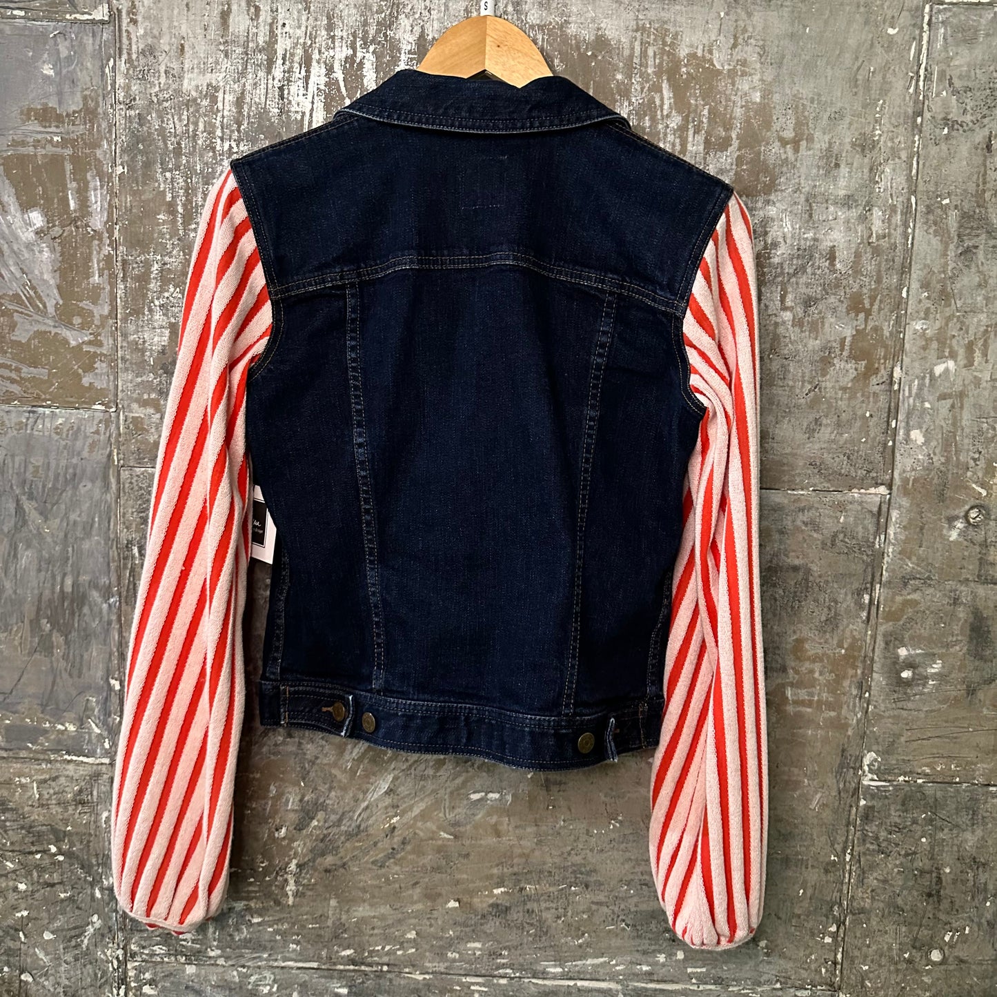 creamsicle stripe sleeved dark denim jacket