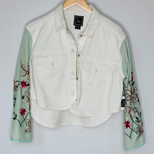 mint green, floral embroidery meets vanilla shirt jacket