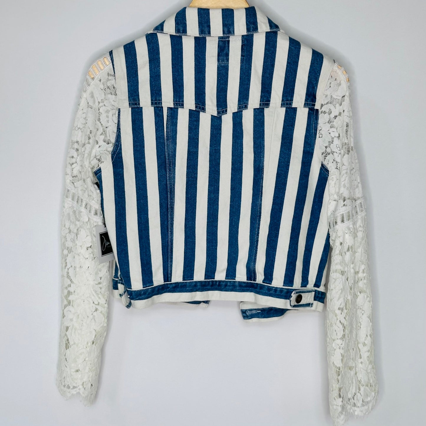 white floral + lattice lace boldly striped cropped denim jacket