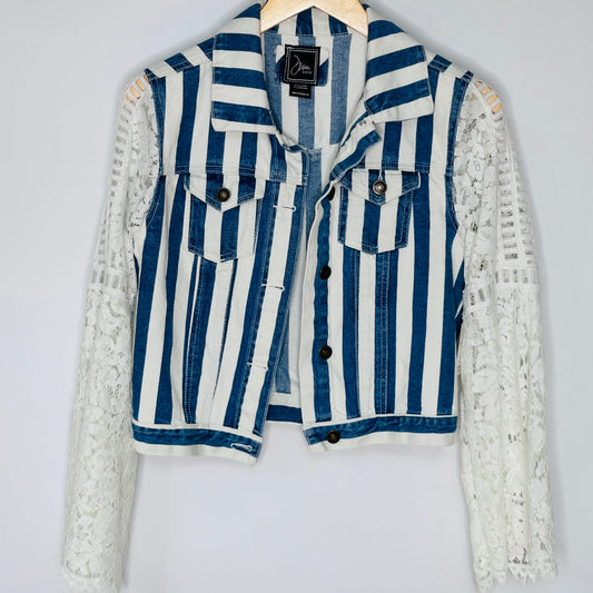 white floral + lattice lace boldly striped cropped denim jacket