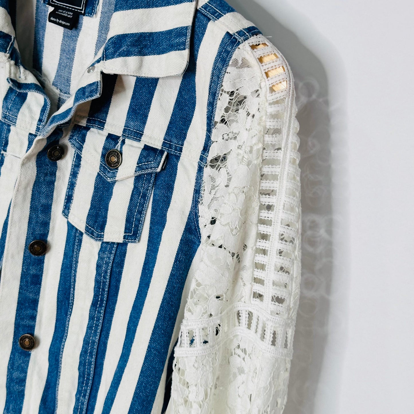 white floral + lattice lace boldly striped cropped denim jacket