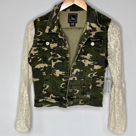 camo crop denim + soft lace jacket